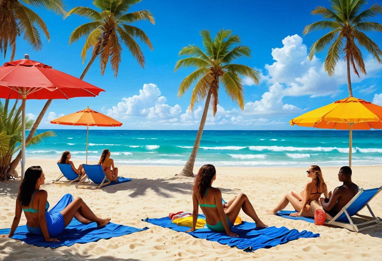 A vibrant beach scene showcasing a variety of stylish swimwear on sun-soaked beachgoers engaging in fun summer activities, such as playing beach volleyball, building sandcastles, and lounging under colorful umbrellas. Include palm trees gently swaying, bright blue waves crashing in the background, and a clear sunny sky. Emphasize a playful, joyful atmosphere with a diverse group of people enjoying the summer day. super-realistic. vibrant colors. bright sky.